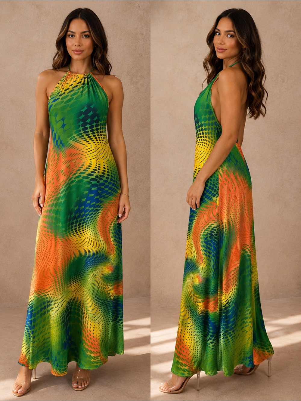 NWT-Halter Maxi Dress - Green, Orange, Yellow, Blue